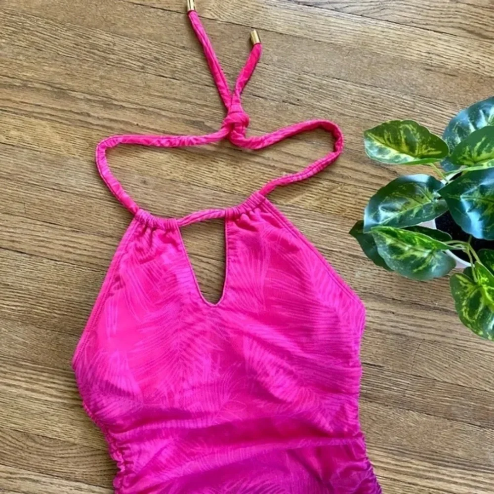 LAUREN Ralph Lauren Ombre Palm-Print High-Neck‎ Tankini Pink Top Size 4